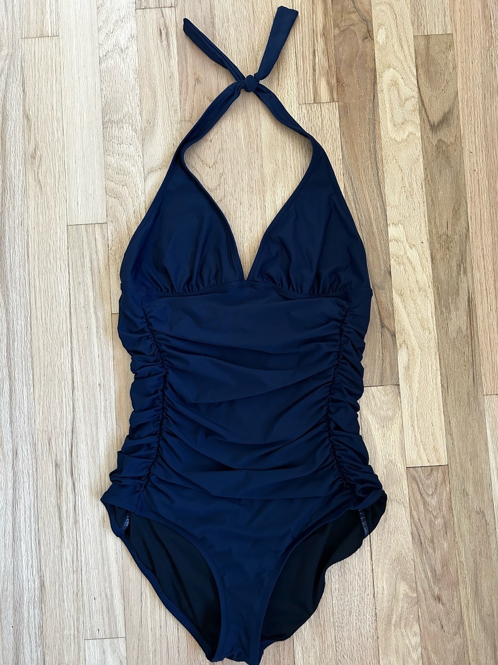 J.CREW ruched halter one piece swimsuit navy blue classic flattering size 14 - Picture 2 of 9